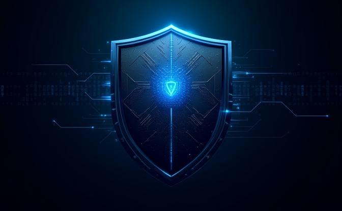 Abstrakter digitaler Schild, der Cyber-Angriffe abwehrt