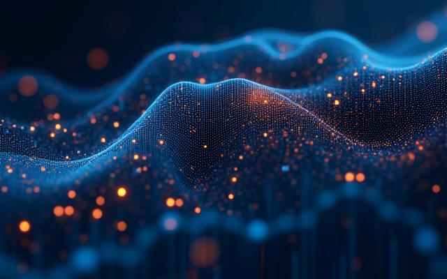 Visuelle Darstellung eines neuronalen Netzes, das Datenpunkte filtert und ungewöhnliche Muster hervorhebt, symbolisiert die Betrugserkennung durch KI.