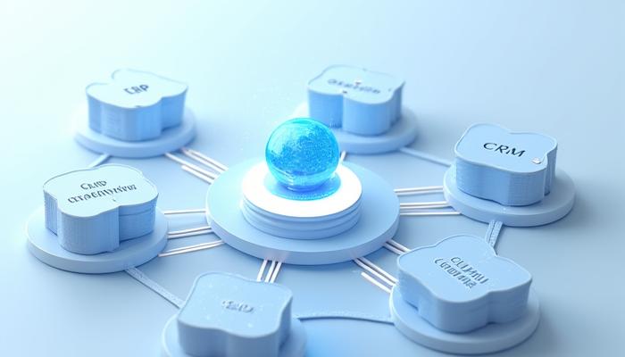 Diagramm, das einen zentralen KI-Hub zeigt, der verschiedene Unternehmenssysteme verbindet